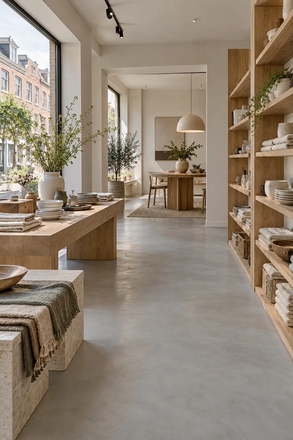 Magasin avec sol en béton ciré gris clair