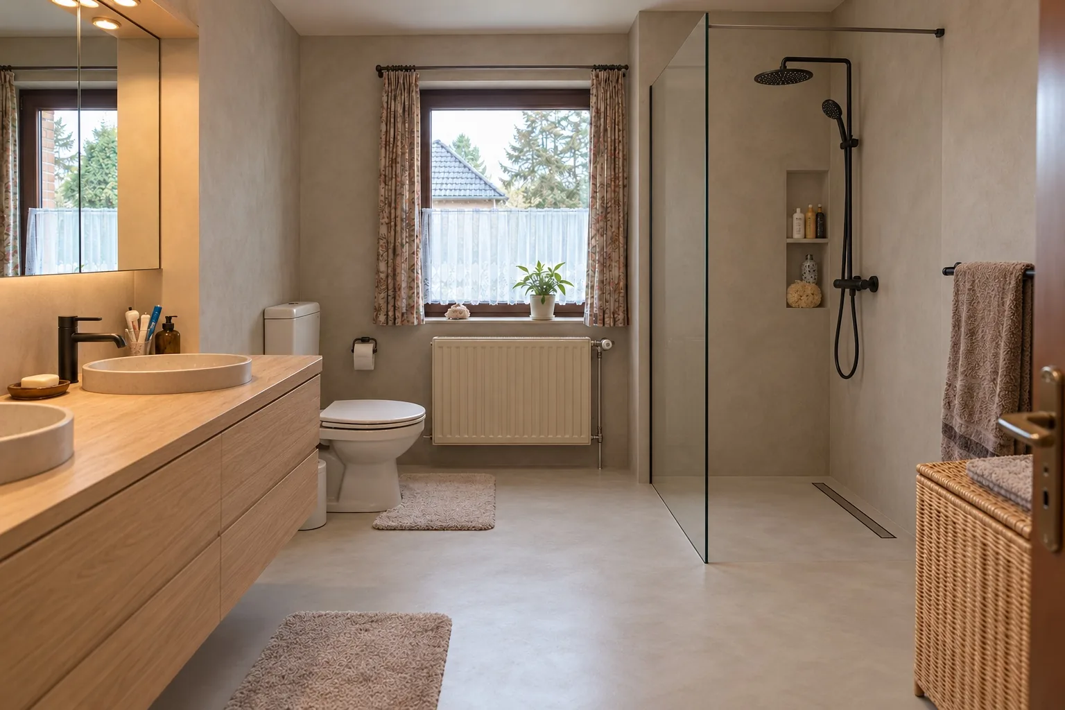 La même salle de bain rénovée en béton ciré, sans joints