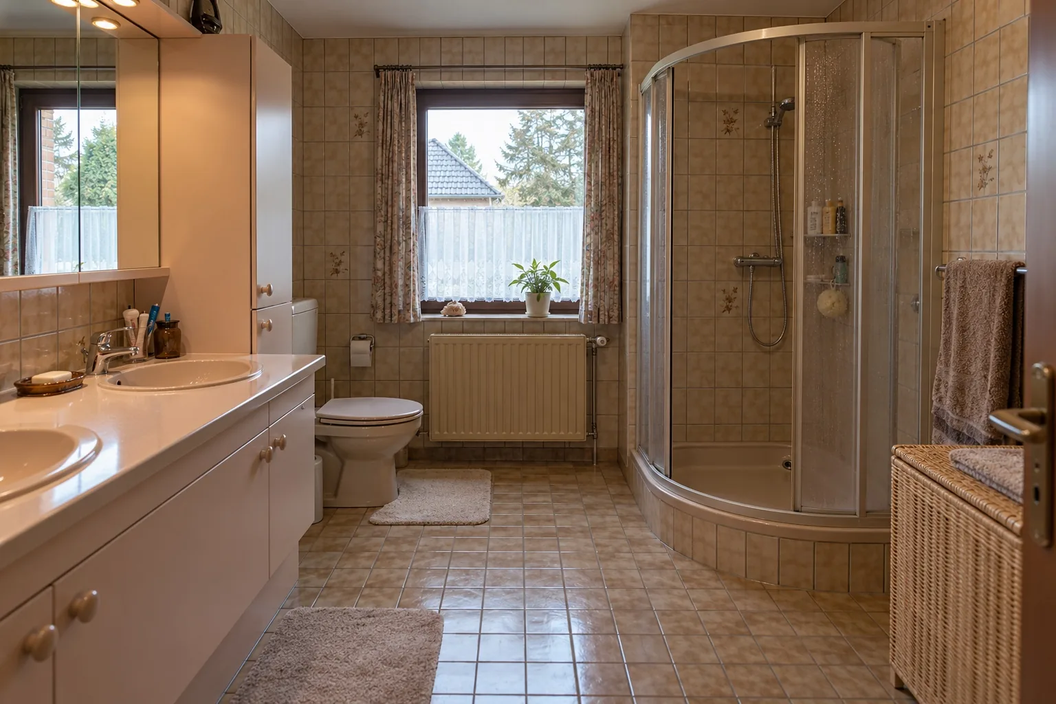 Salle de bain carrelée des années 90, avant rénovation