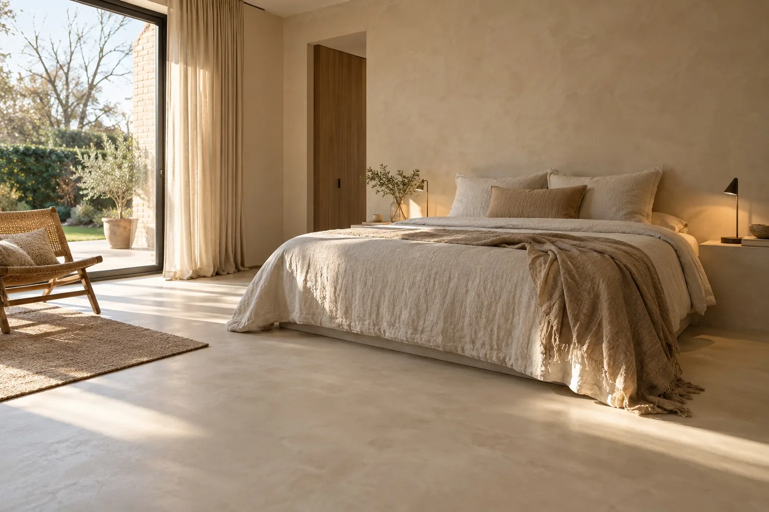 Chambre avec sol et mur en béton ciré teinte sable